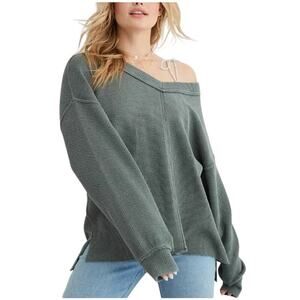 Aerie Ribbed Lounge Cozy Pullover Wonder Textured V-Neck Sweatshirt Gray Medium